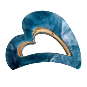 Blue marble acetic heart-shaped hair claw clip with golden metal inner frame