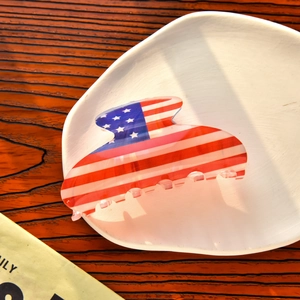 Détail d'une pince à cheveux motif drapeau américain sur une assiette en céramique blanche