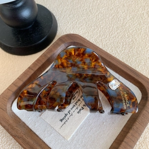Vue détaillée d'une pince à cheveux en acétate écaille de tortue avec cristal et logo