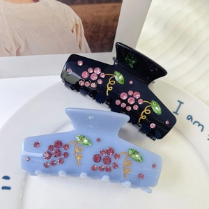 Blue acetic acid hair claws set with luxury rhinestone grape pattern and gold trim