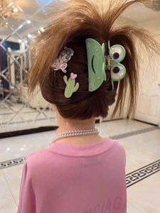 Detailaufnahme von grüner Frosch-Haarklammer und Hunde-Seitenclips im Haar