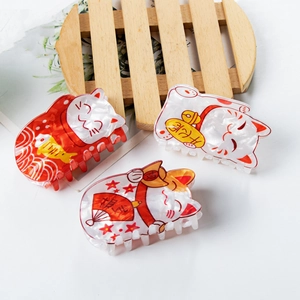 Lot de 3 pinces à cheveux chat porte-bonheur Maneki Neko avec motifs japonais rouges