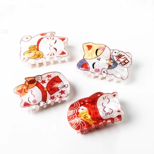 Pinces à cheveux chat porte-bonheur en acrylique rouge et blanc aux motifs traditionnels