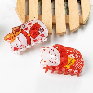Pinces à cheveux chat porte-bonheur Maneki Neko avec motifs d'éventail et de poisson