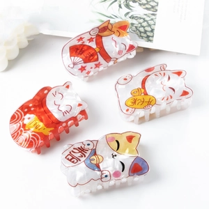 Pince à Cheveux Griffe Chat de la Fortune PVC Fait à Main Style Japonais Maneki-neko Pince à Cheveux Forme Animale Accessoires Cheveux Femme