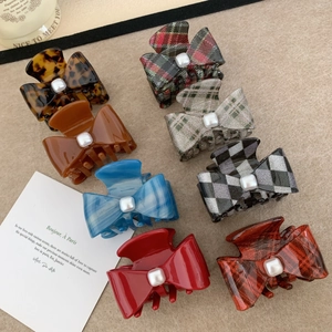 French Style Acetate Bow Hair Claw Clip With Faux Artificial Pearl Plaid Tortoiseshell Shark Clip For Women Hair Accessories
