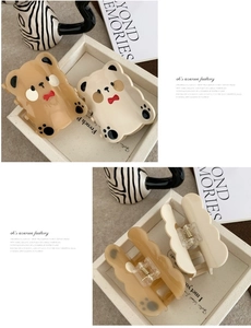 Detailed view of cute bear hair claws in beige and brown with smooth acetate finish