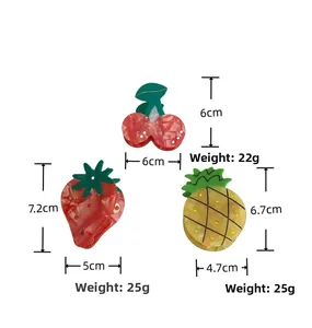 Detailed size chart showing cherry, strawberry and pineapple acetate hair claws with dimensions