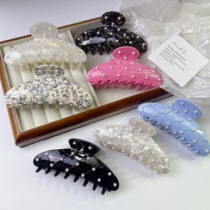 Pince à Cheveux en Acétate Élégante Grande Motif Losange avec Fausses Künstliche Perles Pince Requin pour Femmes Accessoires Cheveux