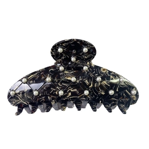 Grande pince à cheveux élégante en acétate avec perles et motif matelassé marbré
