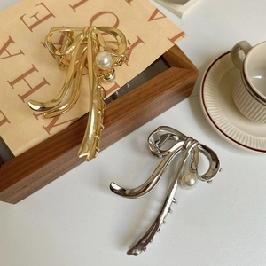 Grande Fermaglio per Capelli a Fiocco con Perla Artificial in Metallo per Donna Elegante Oro Argento Lega Pinza per Capelli Accessori