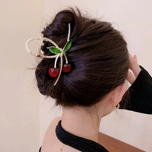 Sweet cherry hair claw clip in gold alloy with red resin fruit for women's hairstyles