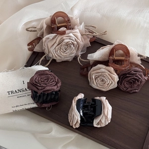 Elegant large fabric rose hair claw clips in vintage beige and champagne brown colors