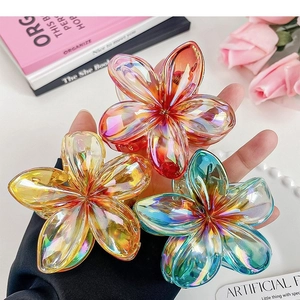 Three-piece set of iridescent plumeria hair claws in red, yellow, and blue colors