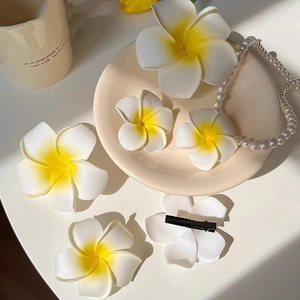 Lot de pinces à cheveux fleur de frangipanier blanches avec perles sur plateau
