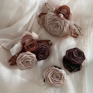 Vintage Fabric Rose Flower Hair Claw Clip Elegant Large Satin Floral Shark Jaw Clip Handmade Hair Accessories For Women