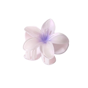 Détail macro d'une pince à cheveux fleur de frangipanier avec dégradé nacré violet et rose