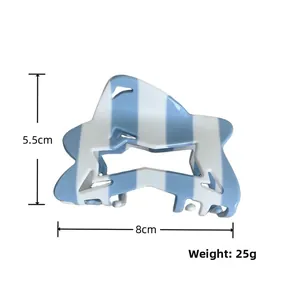 Detail view of blue and white striped acetate hair claw clip with size dimensions