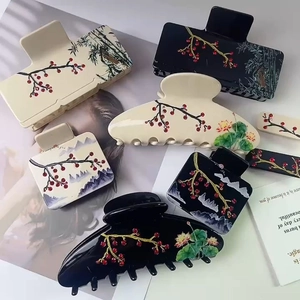 Nouvelles Pinces à Cheveux en Acétate Style Chinois Peinture à l'Encre Vintage Lotus Fleur de Prunier Strass pour Femmes