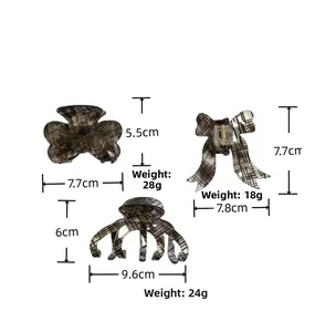 Detailed size and weight specs for three black and white checkered bow claw clips