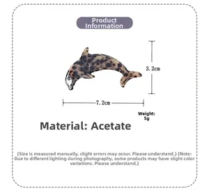 Detailed dimensions of acetate dolphin hair clip with size markings and turtle pattern