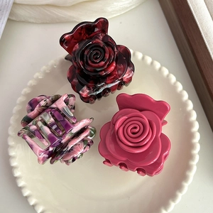 Cellulose Acetate Rose Flower Hair Claw For Women Elegant French Style Shark Clip Vintage Marble Pattern Hair Accessory