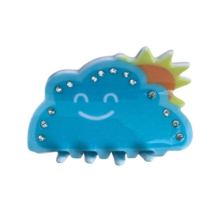 Pince à cheveux nuage en acrylique bleu avec strass et motif de soleil souriant