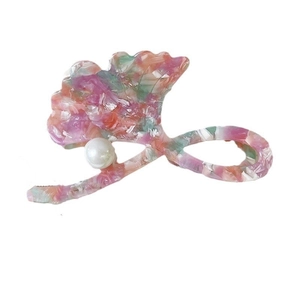 Ginkgo leaf hair claw clip with colorful marble acetate texture and pearl accent