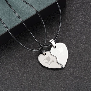 Polished stainless steel heart-shaped necklace set for couples in black and silver finishes