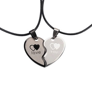 Polished stainless steel couple heart puzzle necklace with love you engraving details