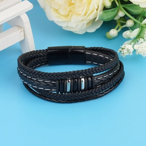 Men's multilayer braided leather bracelet with black magnetic clasp and silver rings