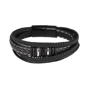 Detailed view of multilayer braided leather men's bracelet with silver metal ring charms