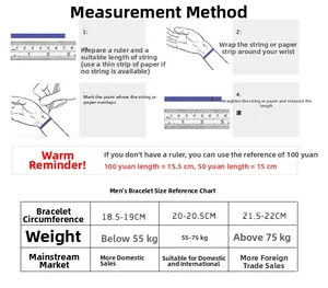 Size guide for tiger stone leather bracelet showing measurement steps and dimensions