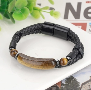Bracelet en Cuir Microfibre Tressé avec Pierre d'Oeil de Tigre Vintage pour Hommes Femmes Fermoir Magnétique en Alliage Bijoux Unisexes