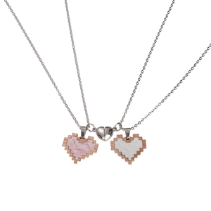 Magnetic pixel heart necklace for couples with pink and white marble pattern in silver