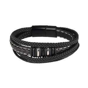 Men's multilayer black braided leather bracelet with silver metal beads and magnetic clasp