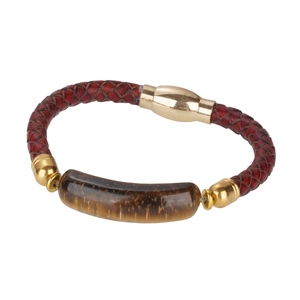 Bracelet tressé en cuir bordeaux avec pierre œil de tigre et fermoir magnétique