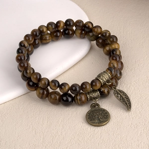 Ensemble de bracelets en perles d'oeil de tigre avec breloques arbre de vie et feuille