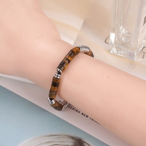 Men's titanium steel bracelet with cylindrical tiger eye beads and silver metal rings