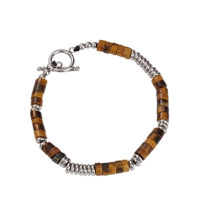 Tiger eye stone bead bracelet with stainless steel metal accents and toggle clasp
