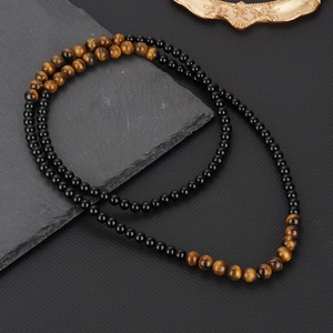 Handgefertigte Tigerauge- und Obsidian-Halskette mit zweilagigem Perlendesign