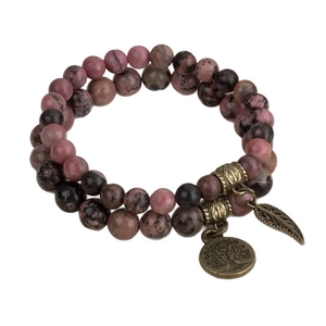 Bracelet double couche en perles de pierre rose avec charms arbre de vie et feuille