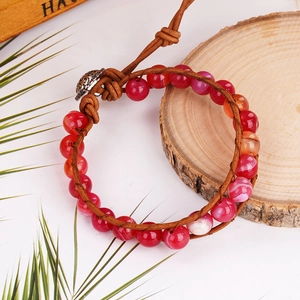 Vintage Natural Striped Agate Beaded Wrap Bracelet Genuine Leather Handmade Bohemian Ethnic Style Jewelry For Women Men