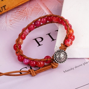 Handmade bohemian multilayer wrap bracelet with red agate beads and leather cord