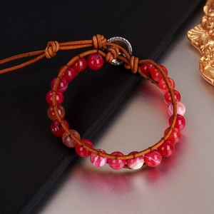 Vintage natural striped agate beaded bracelet with hand-woven brown leather strap