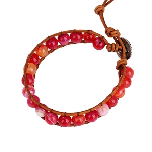 Vintage bohemian multilayer bracelet with natural striped agate beads and brown leather cord