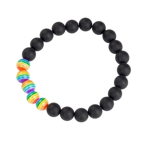 Rainbow striped beads and matte black round beads elastic friendship bracelet for couples