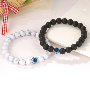 Bracelet en Perles de Pierre Naturelle Mauvais Œil pour Hommes Femmes Couple Amitié Noir Mat Blanc Marbre Pierre Bracelet Élastique Bijoux