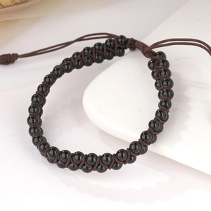Bracciale a doppia fila di perle di ametista viola con cordino intrecciato a mano regolabile