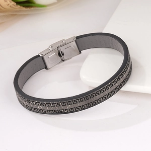 Pulsera minimalista para hombre de cuero negro y acero inoxidable con patrón de greca